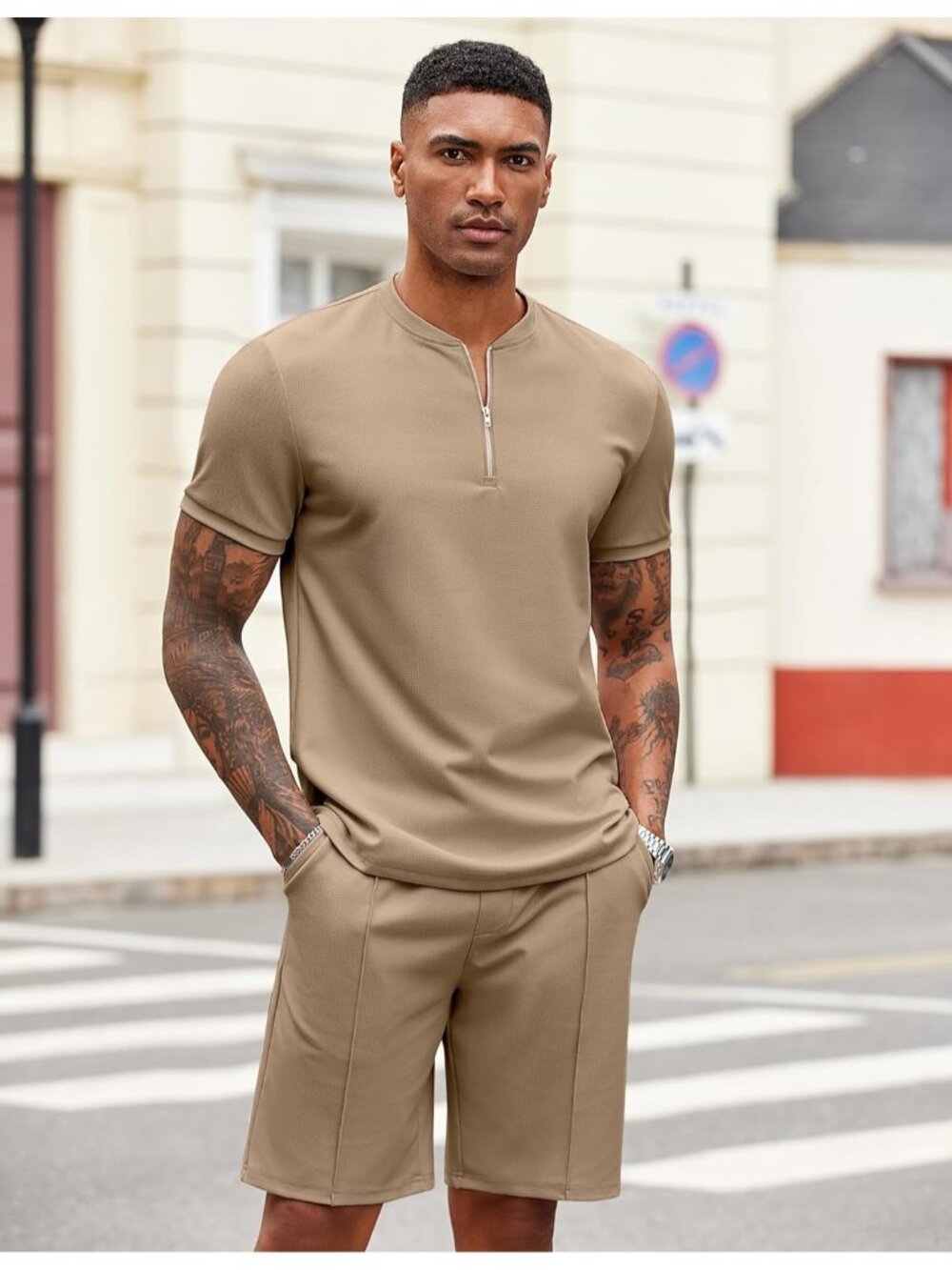 Coofandy Men's Khaki Polyester Shorts Zip Polo T Shirt 2 Pieces Tracksuit - Picture 2 of 6